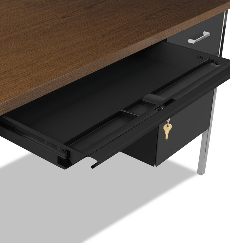 Walnut and Black Executive Desk with Filing Cabinets and Drawers