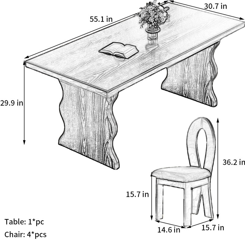 Ensemble de salle à manger Black Wood, 29.9"H x 55.1"L x 30.7"W