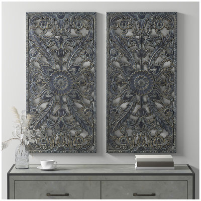 Distressed Carved Wood 2-Piece Wall Decor Set