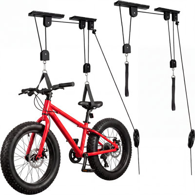 2‑Pack Bike Ceiling Hoist Storage Lift, Heavy‑Duty Carbon Steel Garage Overhead Pulley Hanging Rack with Safety Lock, Ceiling Mount Bicycle Storage Holder for Mountain, Road and Electric Bikes