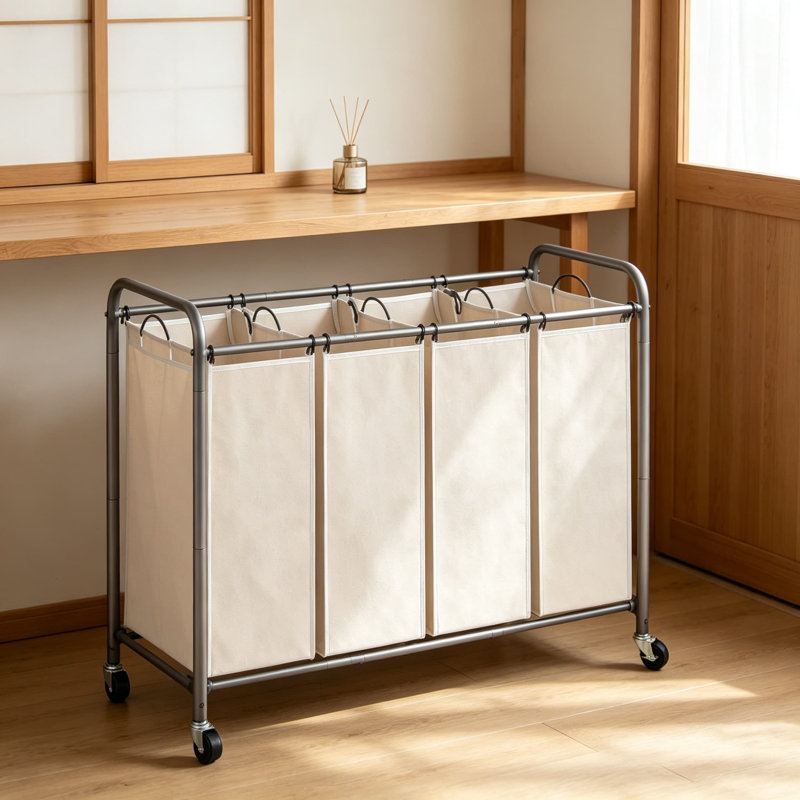 Laundry Sorter Hamper with Wheels, Heavy-Duty Rolling Cart with Lockable Casters, 4 Removable Waterproof Bags, 4-Section, Beige