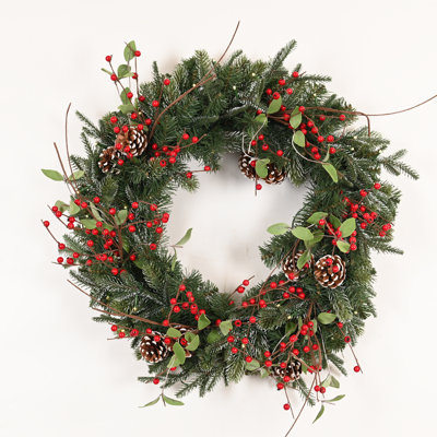24" Pre-Lit Frosted Artificial Winter Christmas Wreath For Front Door, 35 LED Lights Decorated With Pine Cones Berry Clusters Indoor Decoration