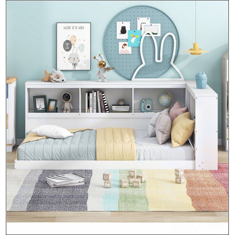Lit de jour simple en bois avec armoires de rangement et ports USB, Blanc