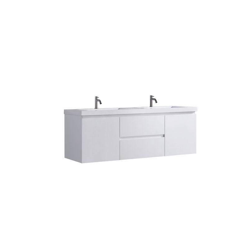 60" White Double Sink Floating Vanity with Resin Top