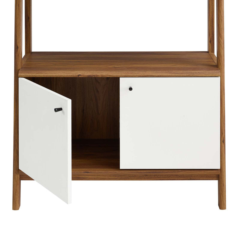 Walnut White 71" Tall Ladder Bookshelf with Concealed Storage
