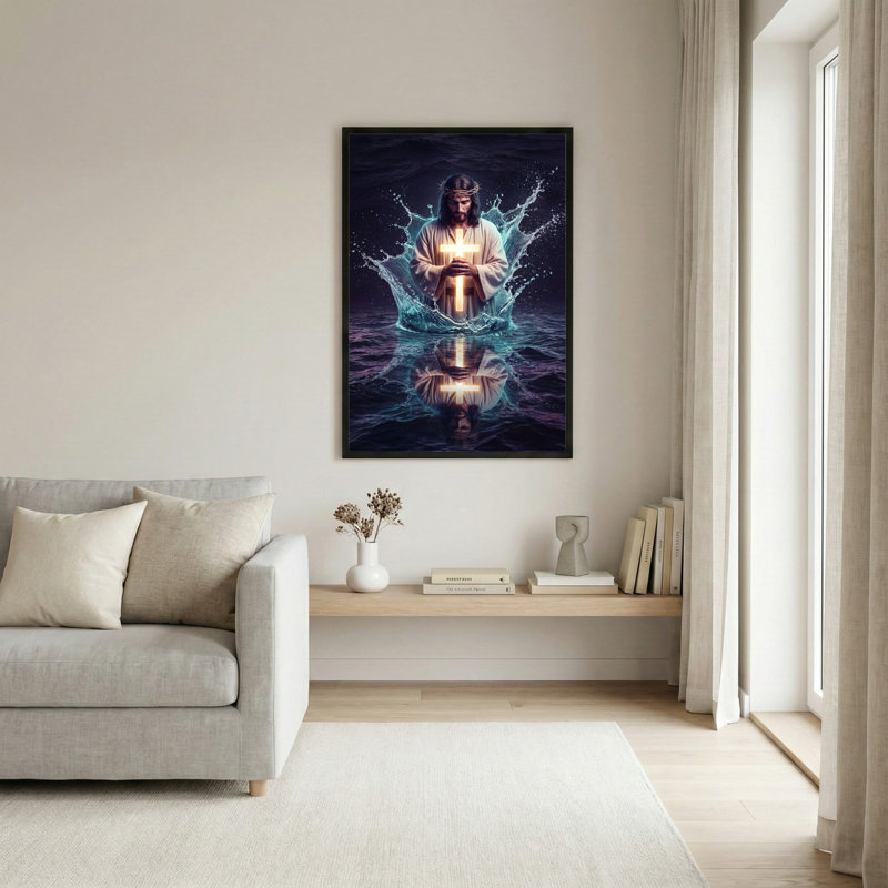 Tableau sur toile tendue représentant Jésus-Christ tenant une croix avec des éclaboussures d'eau (lot de 1)