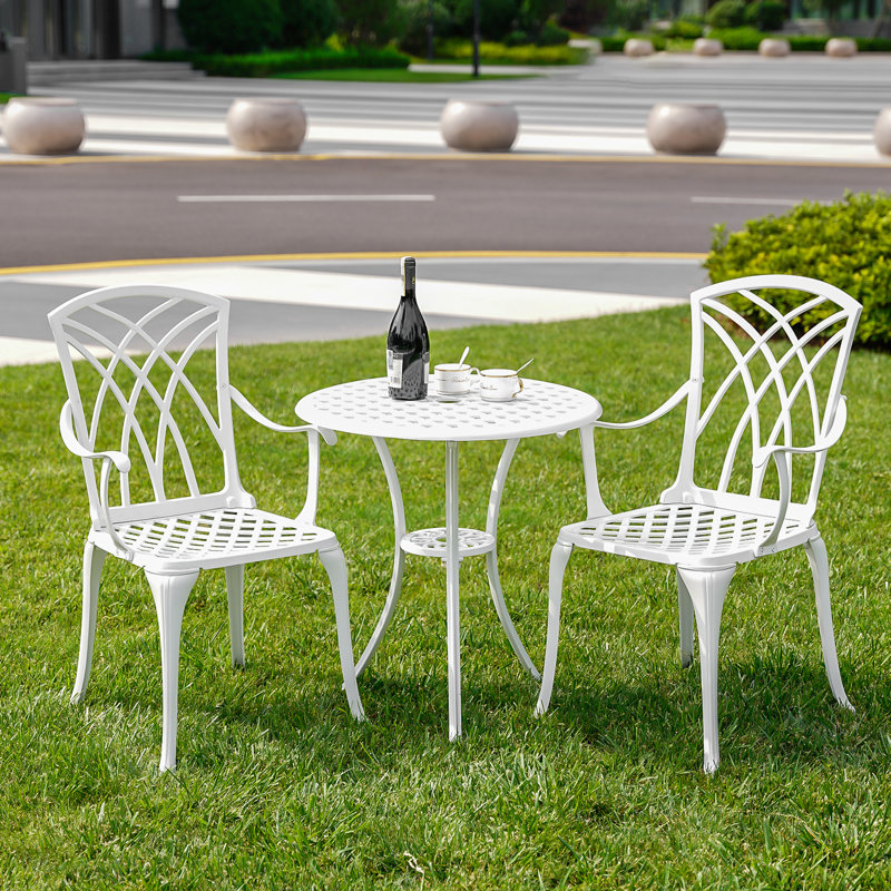 Ensemble bistro en fonte d'aluminium avec trou pour parasol, ensemble bistro blanc 3 pièces