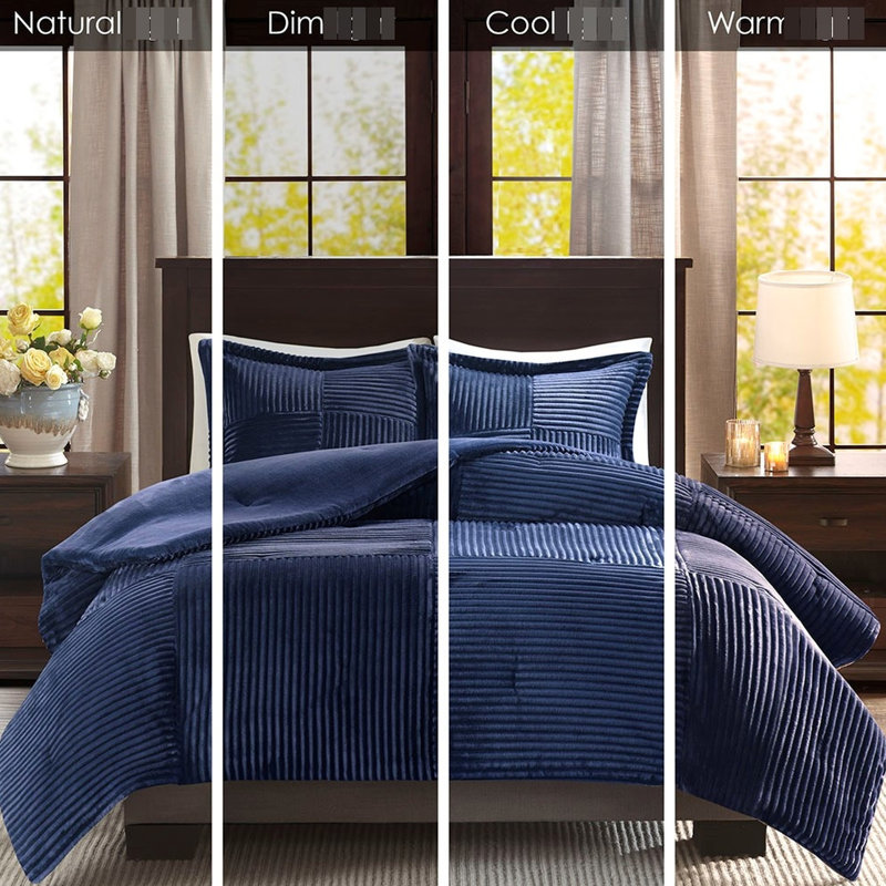 Édredon bleu marine très grand, rembourrage en duvet synthétique, devant côtelé, envers uni, lavable à la machine, 1 et 2 taies décoratives, po
