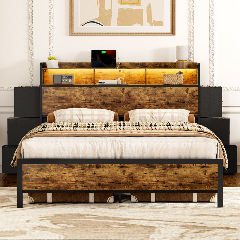 Antioch Bed Frame With Bookcase Headboard & 6 Storage Bedside Drawers, Storage Bed With Outlet & LED Light, Queen