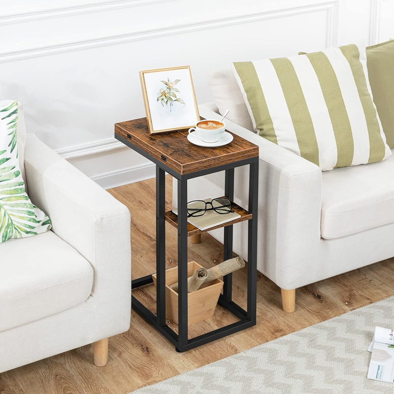 Table de bout pliable, table d'appoint en forme de C avec tablette de rangement, petite table de collation pour les petits espaces de salon et de chambre à coucher, assemblage facile, brun rustique
