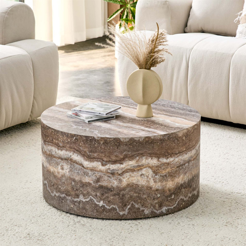 Table basse ronde en bois aggloméré à motif caverne, design compact pour les salons industriels et minimalistes, durable et élégant