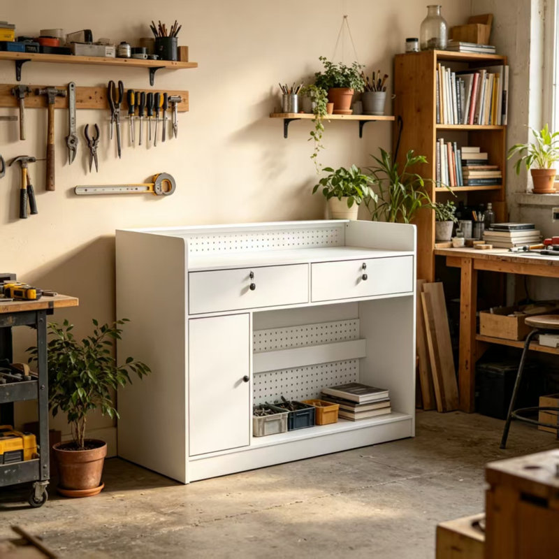 47.2" Wide White Workbench With Storage, 2 Locking Drawers, Cabinet