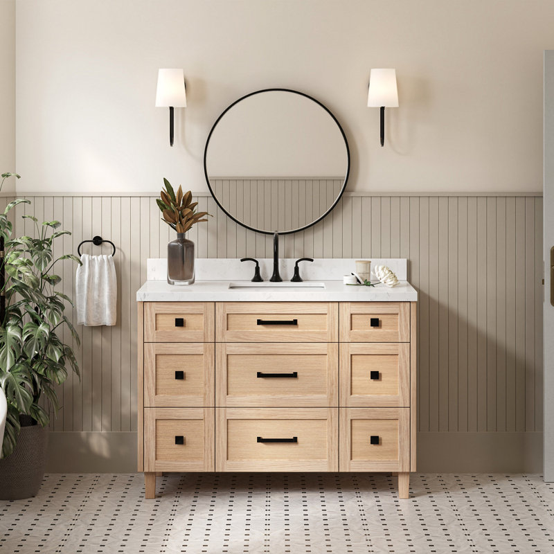 Meuble-lavabo simple en bois massif ARIEL Monroe, Chêne, 48" - 49", Carrara White Quartz
