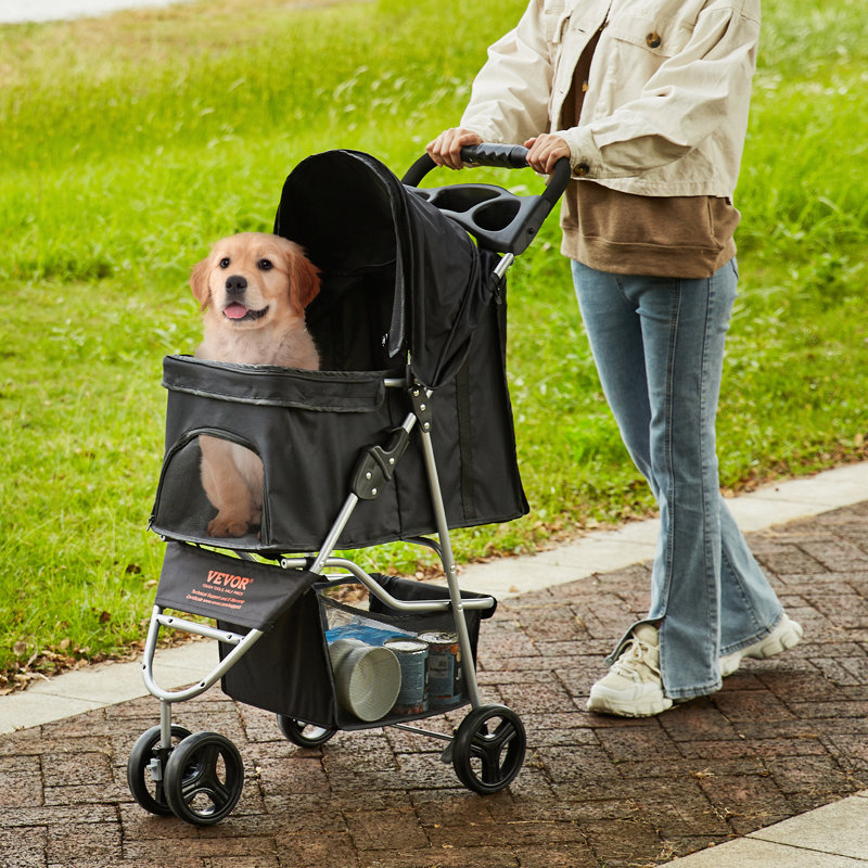 Black 3-Wheel Folding Pet Stroller with Storage Basket
