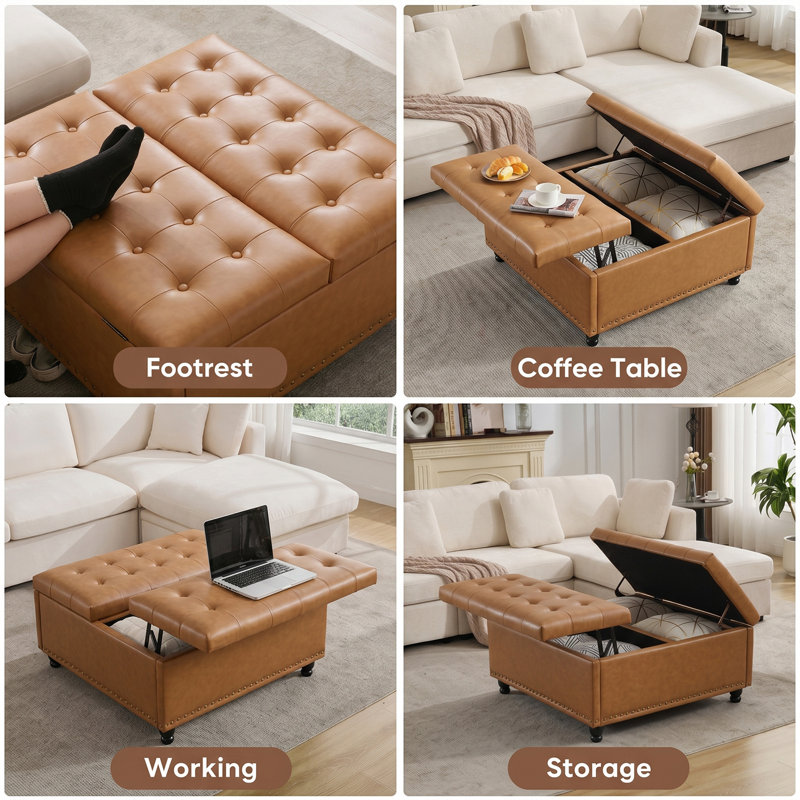 Delmontez 35.5'' Upholstered Storage Square Ottoman, Honey Brown Faux Leather