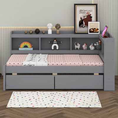 Daybed With Drawers, Solid Wood Corner Bed Frame With L-Shaped Bookcase, Power Outlets And USB Charging Ports by Lark Manor