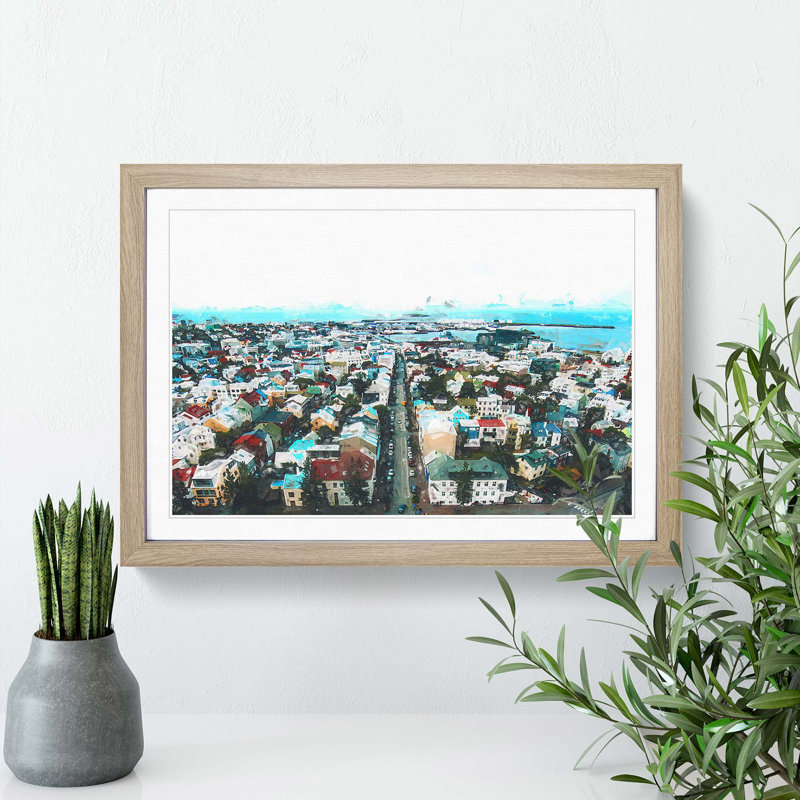 View of Reykjavik in Iceland in Abstract - Picture Frame Graphic Art Print, 40cm H x 60cm W x 2cm D, Oak
