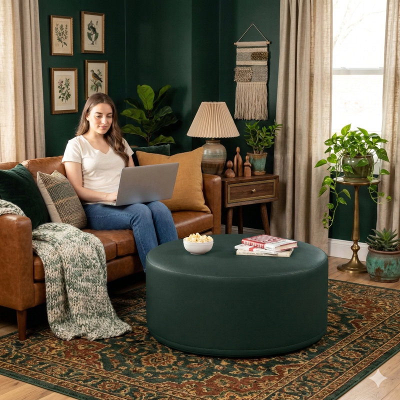 Latitude Run® Candler Round Couch Ottoman – Oversized Giant Coffee Table & Foot Rest, 44”, Hunter Green