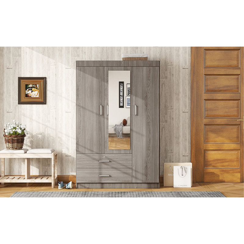 Stylish And Functional Three-Door Wardrobe With Built-In Mirror And Ample Storage, Grey