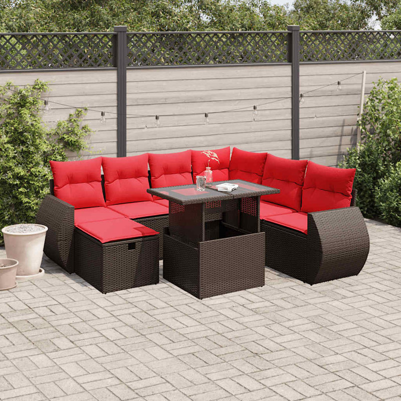  Ensemble de canapé de patio 8 pièces avec coussins en rotin de polyester, Rouge, Brun