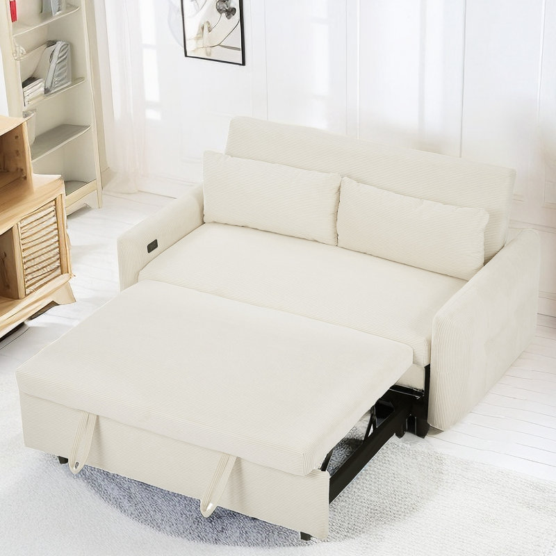 Isel 57'' Sofa Bed Sleeper Loveseat with USB Port and Two Pillows, Beige Corduroy