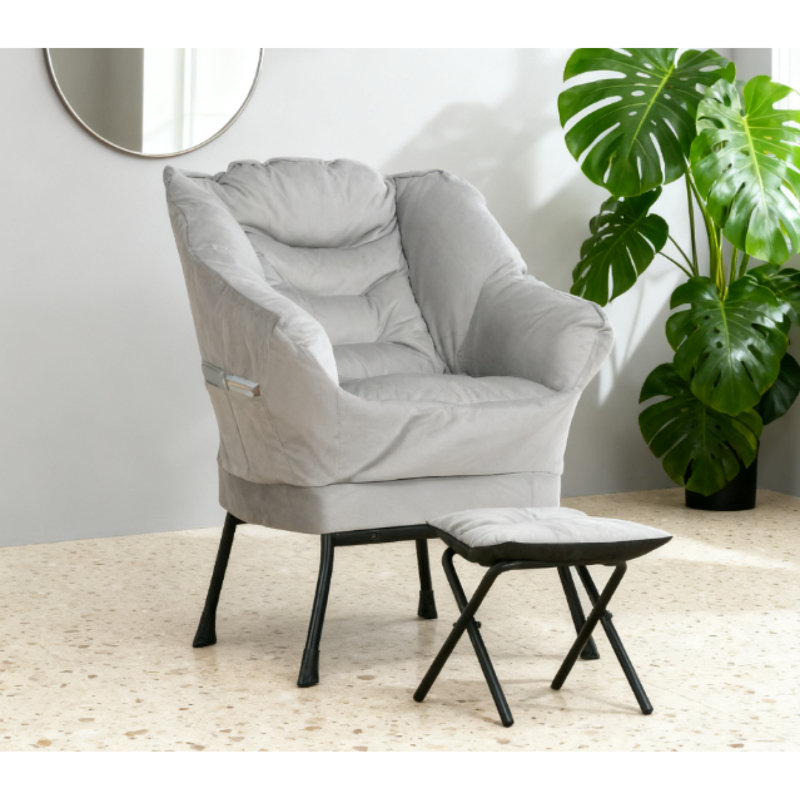 Fauteuil d'appoint confortable, velours avec cadre en acier et rangement, gris moderne