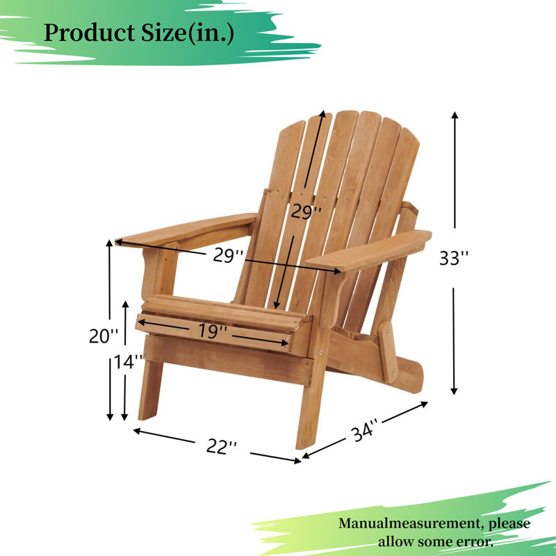 Oversized Wooden Outdoor Folding Adirondack Chair, Patio Lounge Chair – Solid Hemlock Wood, 330-lb Capacity – Pre-Assembled Backrest