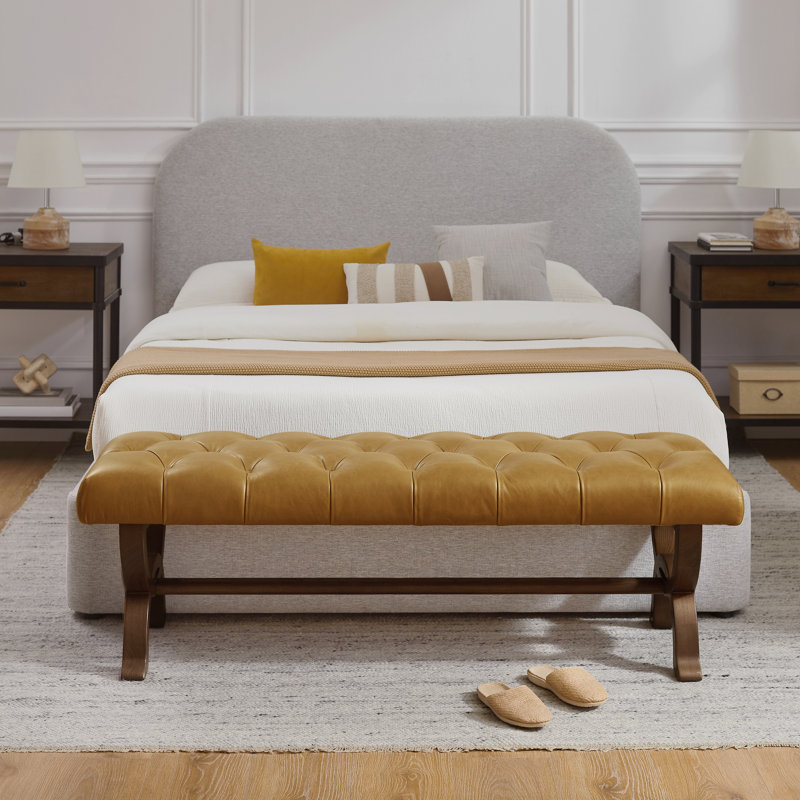 Herman 59.45 " W Tufted Full Grain Genuine Leather Upholstered Bench with Solid Ash Wood Frame, Light Brown