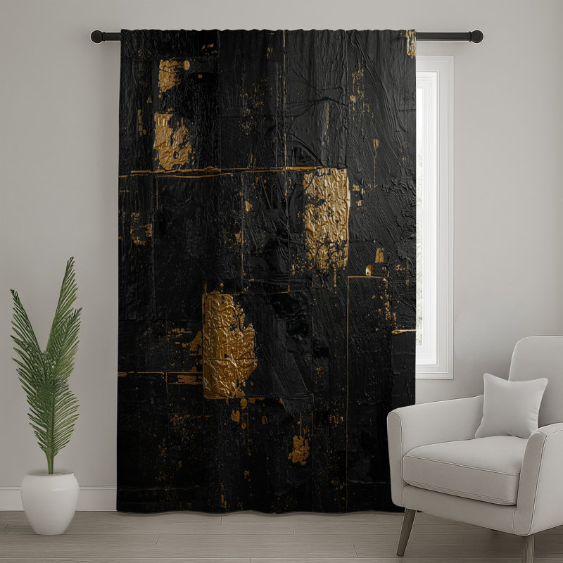 Rideaux de fenêtre abstraits texturés noirs et dorés, voilages et voilages occultants - 1 panneau, 50 po x 92 po - 1 panneau