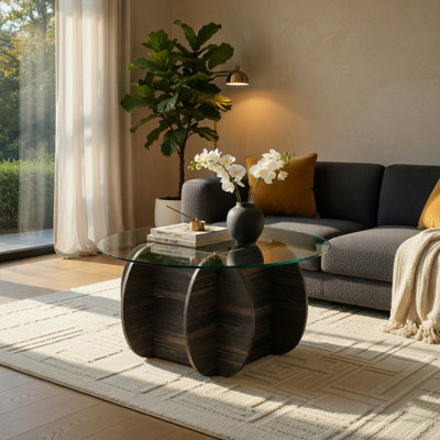 Table basse ronde Hommoo de 35 po avec plateau en verre trempé et base en bois d'hévéa massif, compartiment de rangement dissimulé, table de salon moderne, chêne transparent et rustique