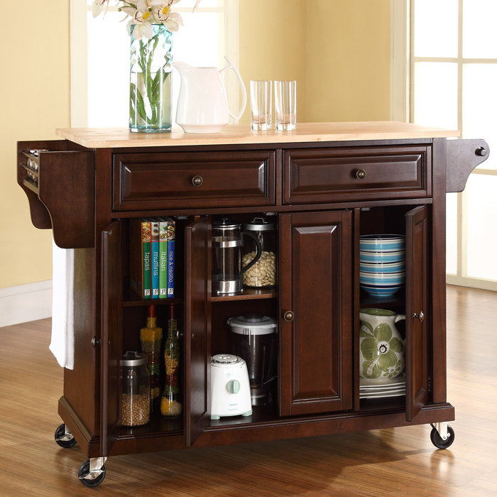 Ken Solid Wood Top Kitchen Cart, Vintage Mahogany