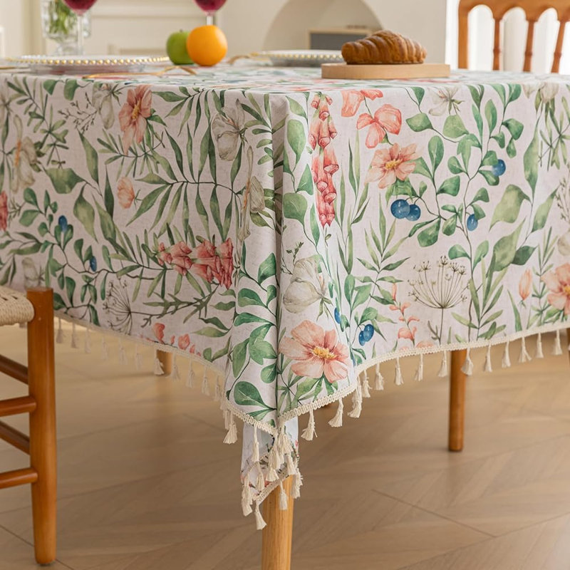 Nappe imprimée à la main pour tables carrées, housse de table FLoral verte avec bords frangés, nappe décorative pour la cuisine et la salle à manger, 59 po x 102 po