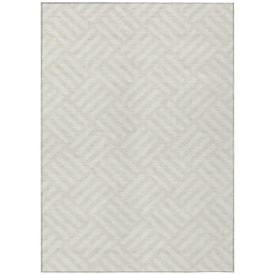 8' X 10' Ivory And Beige Geometric Washable Indoor Outdoor Area Rug