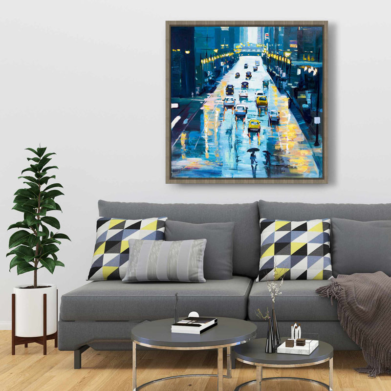 «Rainy Streets of New York - Building Blue», art sur toile encadré