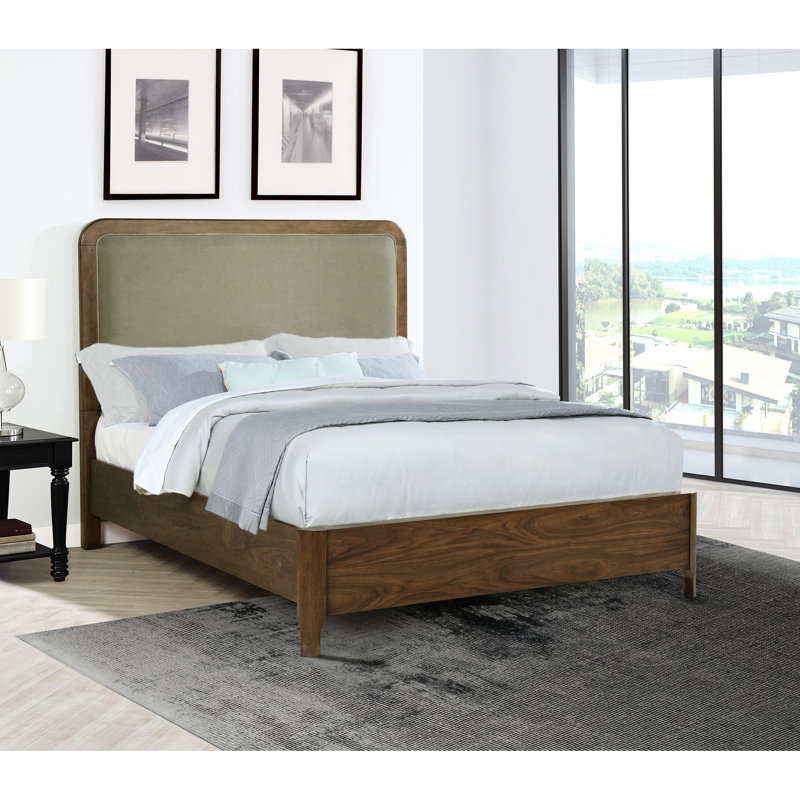 Grand lit à panneau en noyer, tête de lit arrondie et placage en bois naturel pour la chambre à coucher Elegance Low A Serene