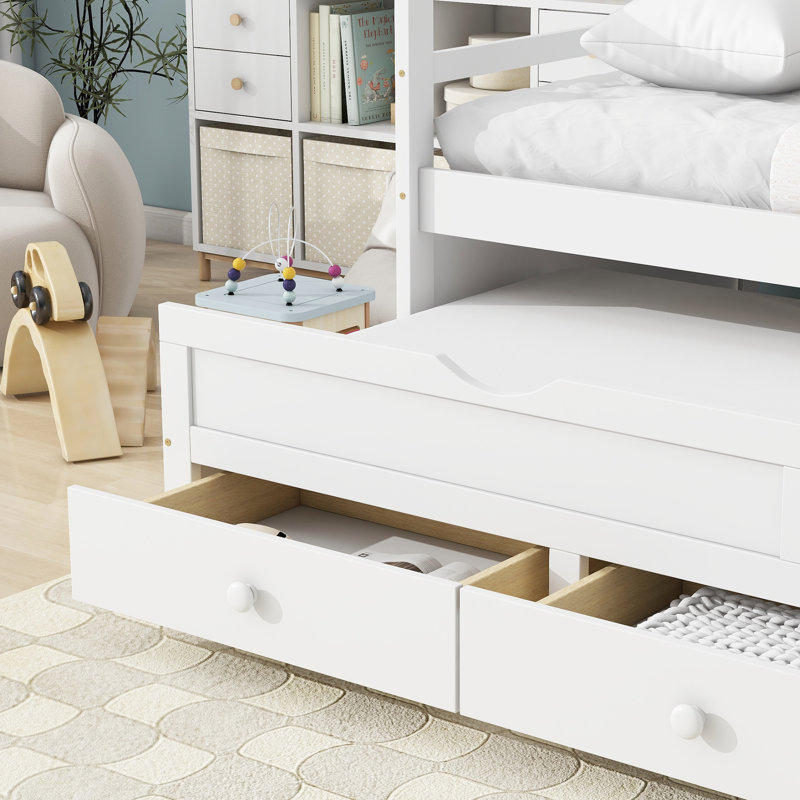 Bed With Headboard, Footboard, Trundle And Three Storage Drawers, Pine Wood Bed With Headboard, Footboard, White