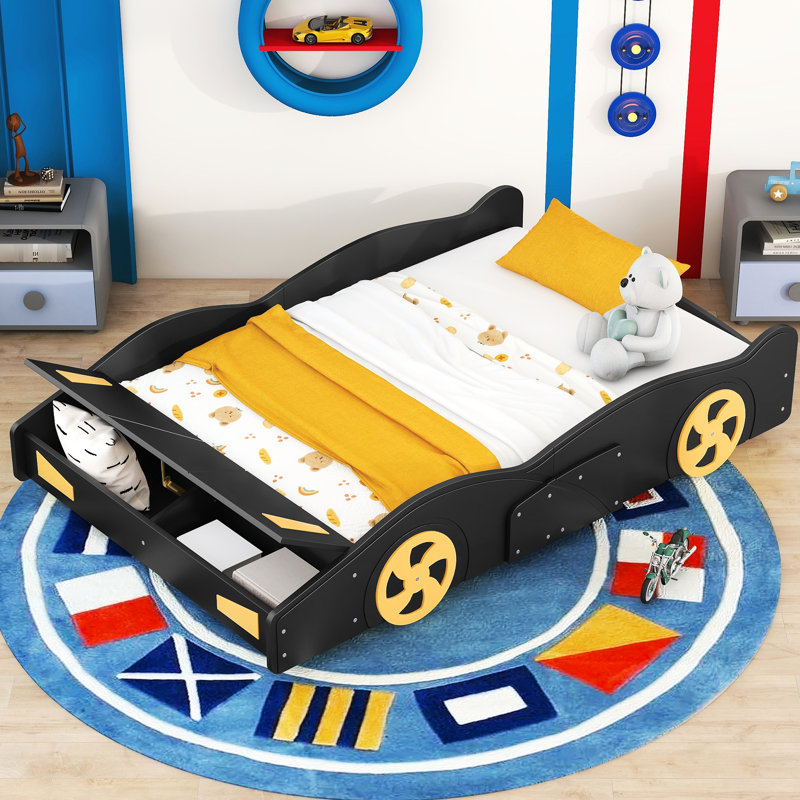 Race Car Bed With Storage And Quality Materials Black+Yellow Platform Appeal Convenient, Full, Black
