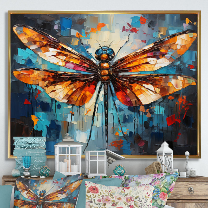 «Orange Dragonfly insectes Flight Collage II», reproduction sur toile, H 30 po x l 40 po x P 1,5 po, Cadre flottant doré