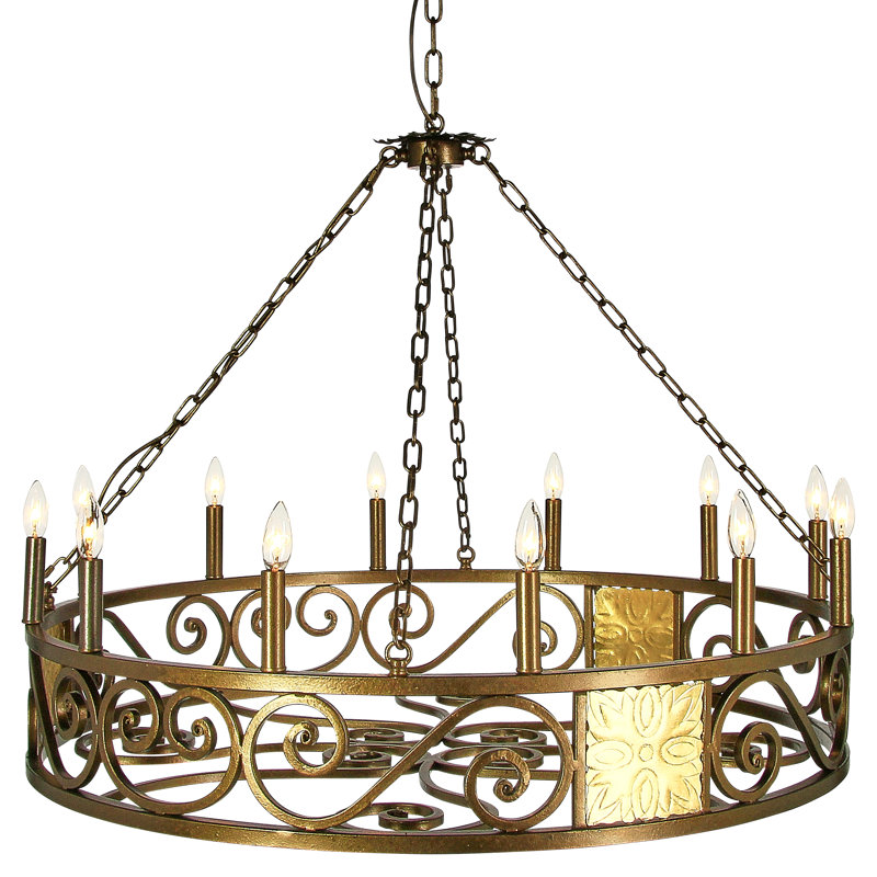 Sparta 12 - Light Candle Style Wagon Wheel Chandelier, Bronzed Brass/Gold Leaf