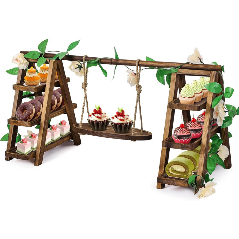 Présentoir à petits gâteaux en bois à 3 niveaux avec plateau de service pivotant amovible et échelle pliable avec plateau de service