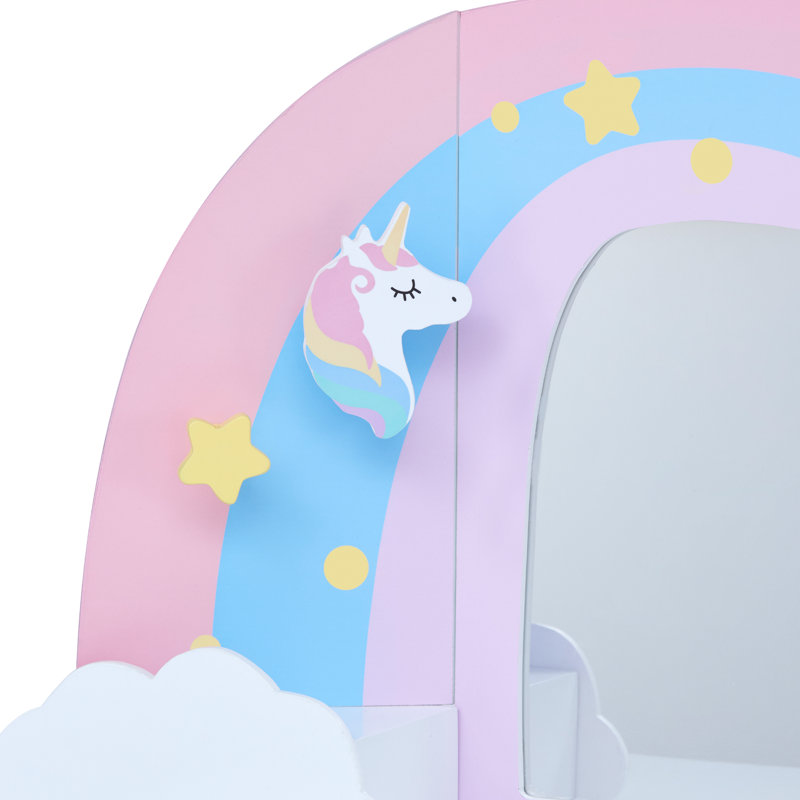  Teamson Kids Little Dreamer Rainbow Unicorn 2-pc. Wooden Vanity Table & Stool Set with Mirror and Storage Drawers