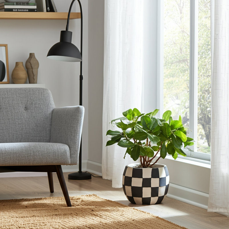 Sagebrook Home 8" Checkerboard Rounded Planter, Black/White, 7" H x 8" W x 8" D