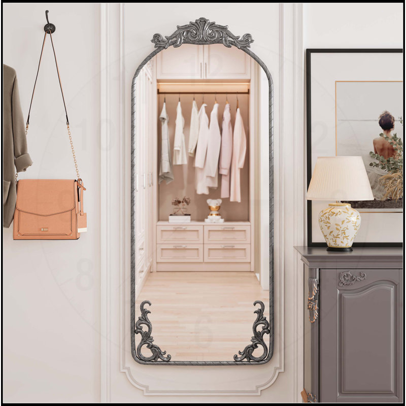 Elegant Arched Full Body Mirror with Vintage Carved Applique, Ideal for Home Decor and Space Enhancement., Antique Silver