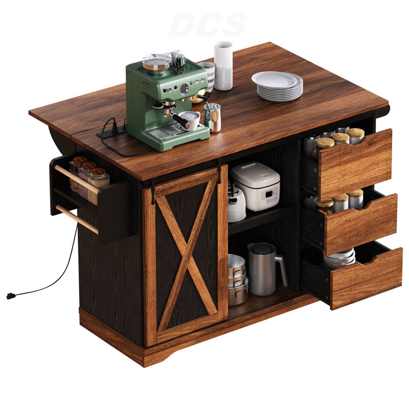55.5" Farmhouse Kitchen Island With Drop Leaf, Kitchen Storage Island With Barn Door, Power Outlet, Rolling Kitchen Cart On Wheels With Spice Rack, For Home, Kitchen, Dining Room, Black, Kitchen Island