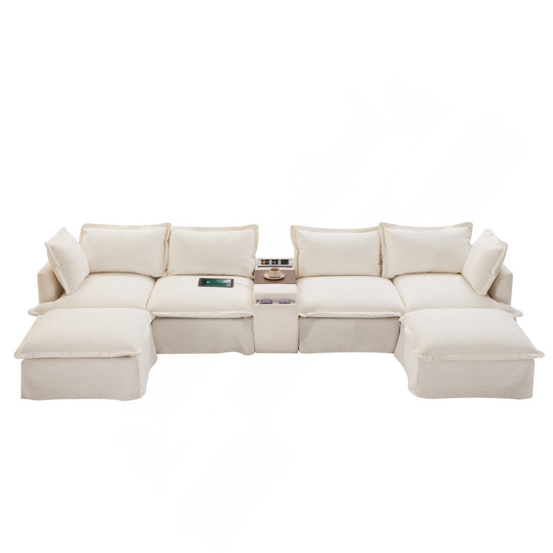 Canapé modulaire de 131 po avec repose-pieds mobile et console, porte-gobelet, siège large, canapé en U de 6 places, canapé en chenille surdimensionné avec chargeur USB pour le salon, appartement, 2 couleurs