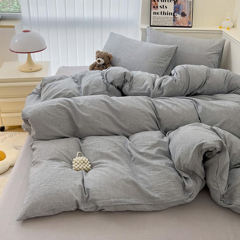 Ensemble de housse de couette douce en coton délavé Boho, Housse de couette grand et 2 taies d'oreiller stan, Gris