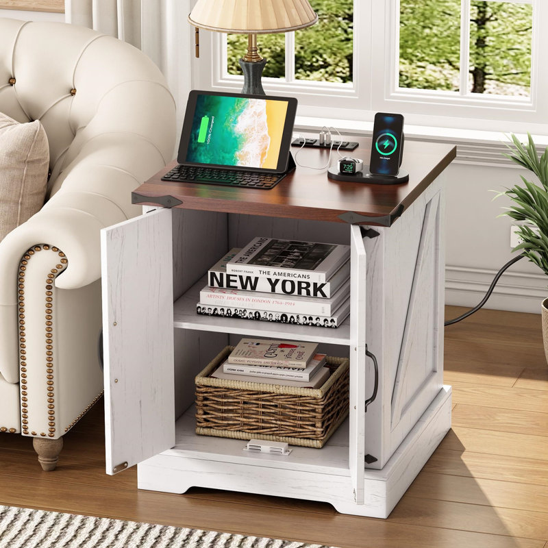 End Table With Storage And Built-in Outlets, White