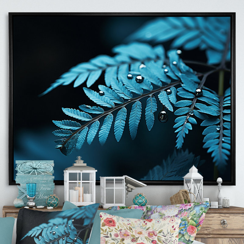 Ferns Turquoise Whimsy II - imprimé, H 24 po x l 32 po, Cadre flottant noir