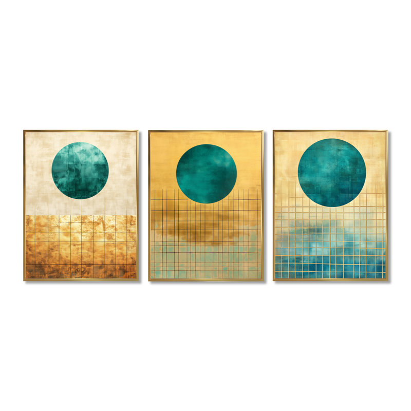 «Teal Sun Over Golden Grids - Abstract Mid-century», reproduction de toile 3 pièces, Gold Floater Framed, 32" H x 72" W