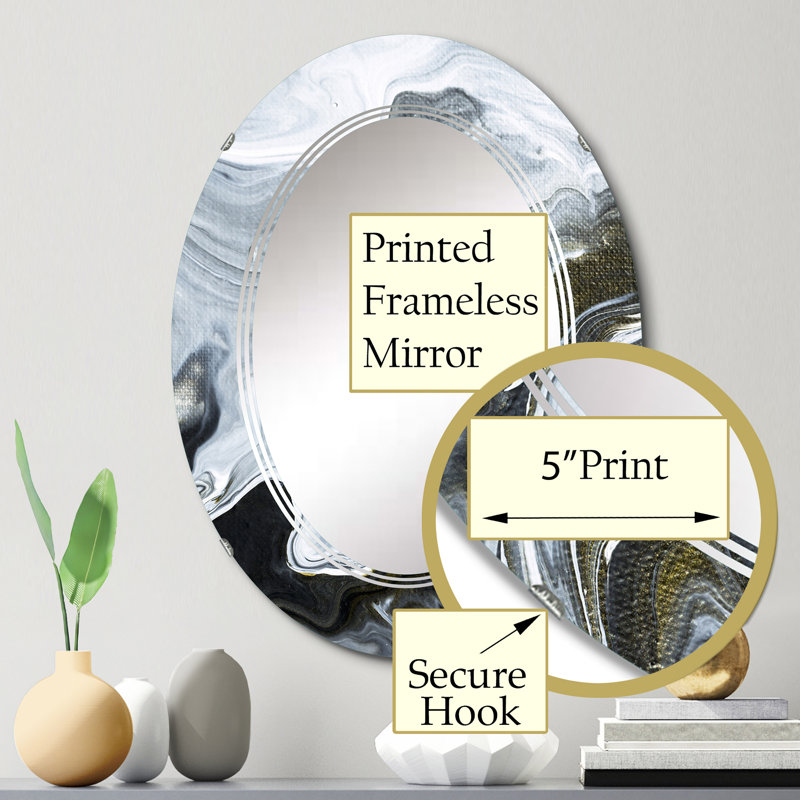 Art abstrait liquide en marbre noir et blanc - miroir mural moderne ovale, 30 po x 20 po